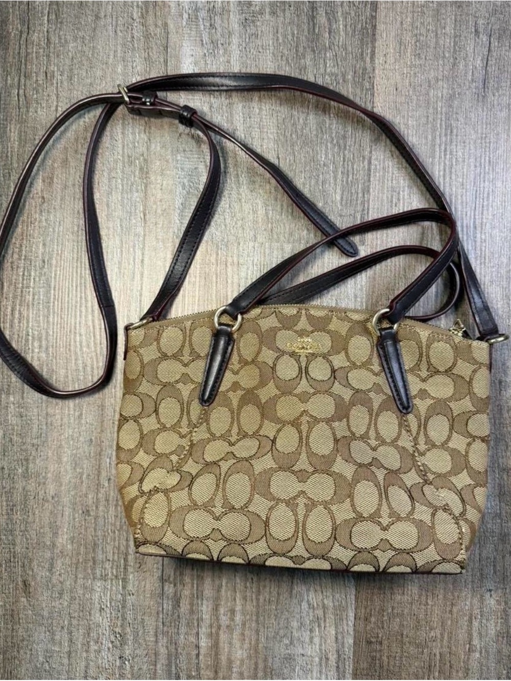 Coach Khaki Signature Canvas Crossbody with Dark Brown Trim